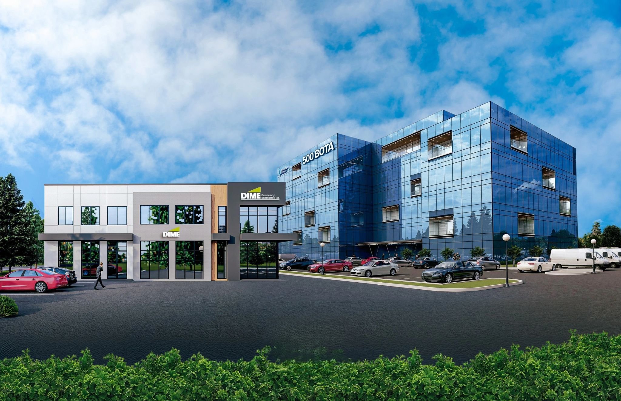 Rendering of a glass office building beside a lower commercial building